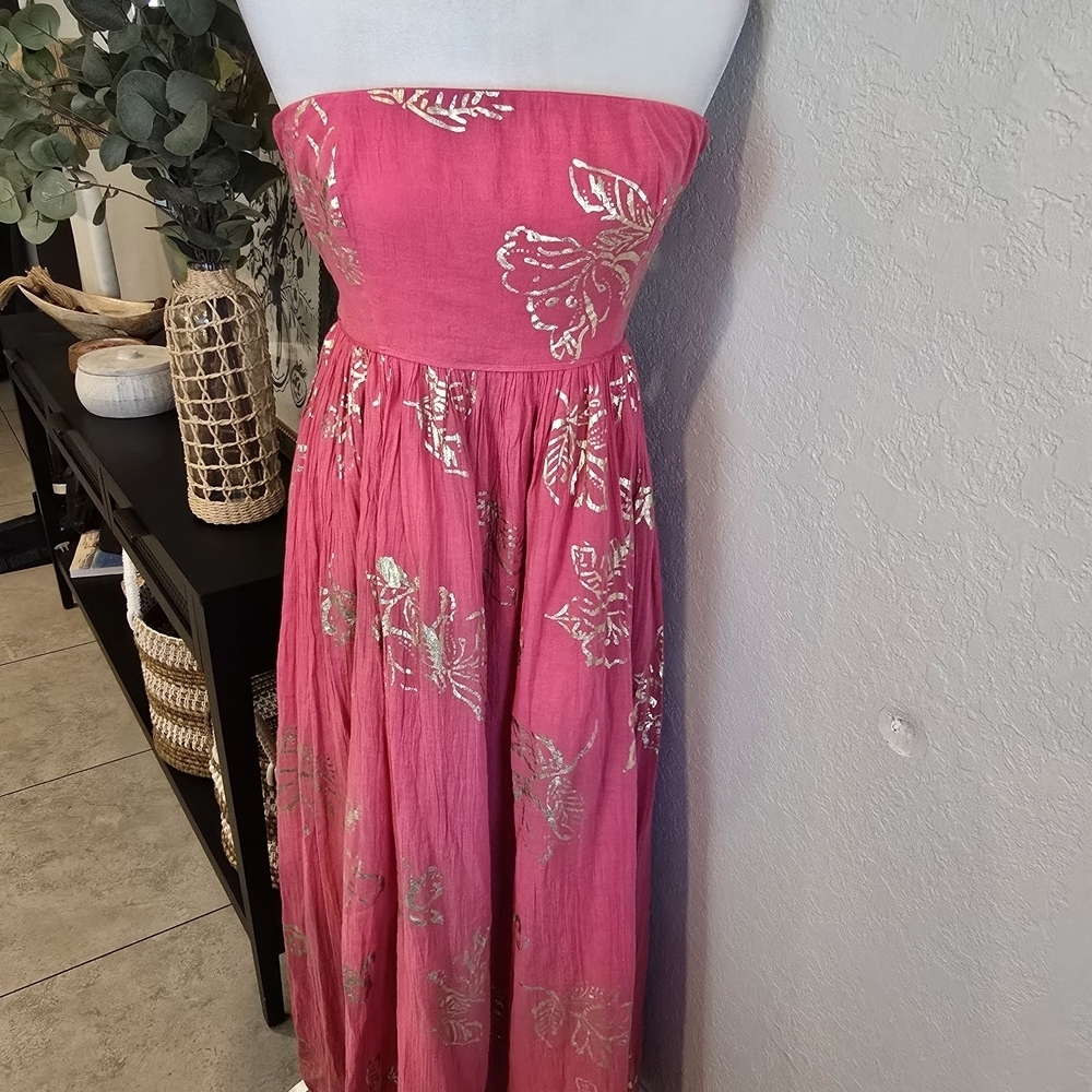 Free People Dress Baja Babe Midi Pink Metallic Floral Strapless Back Tie M - Picture 3 of 9
